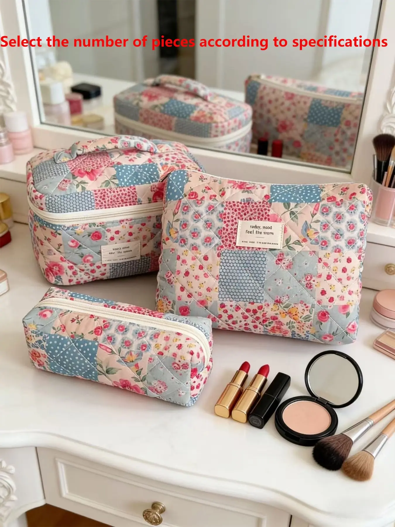 Floral Patchwork Quilted Makeup Bag Set, Organizer with Labels, Multi-Size Storage Pouches for Travel & Daily Use, Cute Aesthetic Bags for Women & Girls, Travel Cosmetic Bags