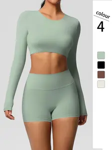 Women's Solid Long Sleeve Crop Top & High Waist Shorts Tracksuit Set, Sporty Breathable Comfy Outfits for Yoga Gym Workout Running, Sweat Set for Women, Ladies Sportswear for All Seasons, Solid Tracksuits Set