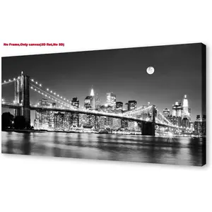 2D flat Unframed Brooklyn Bridge Night View 1 Panels Landscape Artwork Canvas Prints Moon Night New York City Scene Picture Paintings Black and white Wall Art for Oiffce Home Decorations Wall Decor