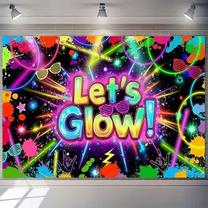 2D Flat Banner Polyester Photography Backdrop, HD Digitally Printed Neon Glow Party Theme Background Cloth with Vibrant Paint Splatters and "Let's Glow!" Text, Colorful Light Effects, Soft Lightweight Foldable Reusable Fabric for