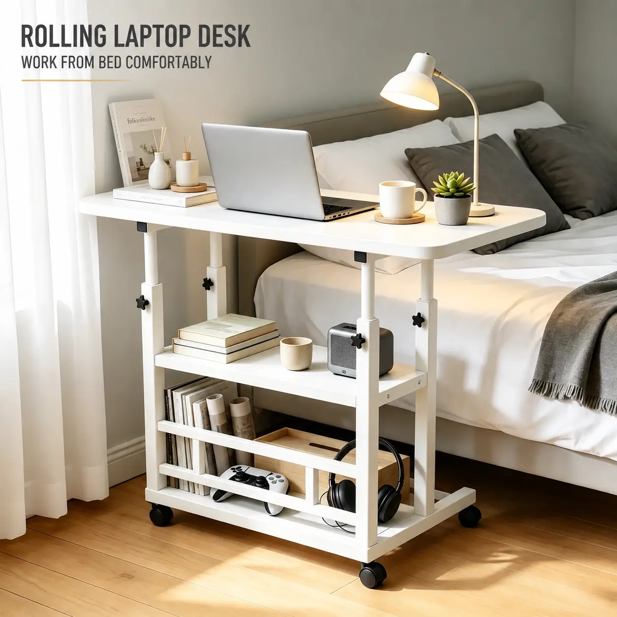 Laptop Desk Adjustable Desk Small Standing Desk Home Office Desks for Small Spaces Portable Desks Table for Bedrooms,Mobile Rolling Computer Work Desks on Wheels