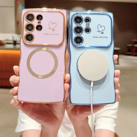 Magnetic TPU Cellphone Case for Samsung Galaxy S26/S25/S24/S23/S22, Women's Cute Curved Edge Wave Frame Love Heart Luxury Plating Protective Accessory, MagSafe-Compatible Shockproof Back Cover
