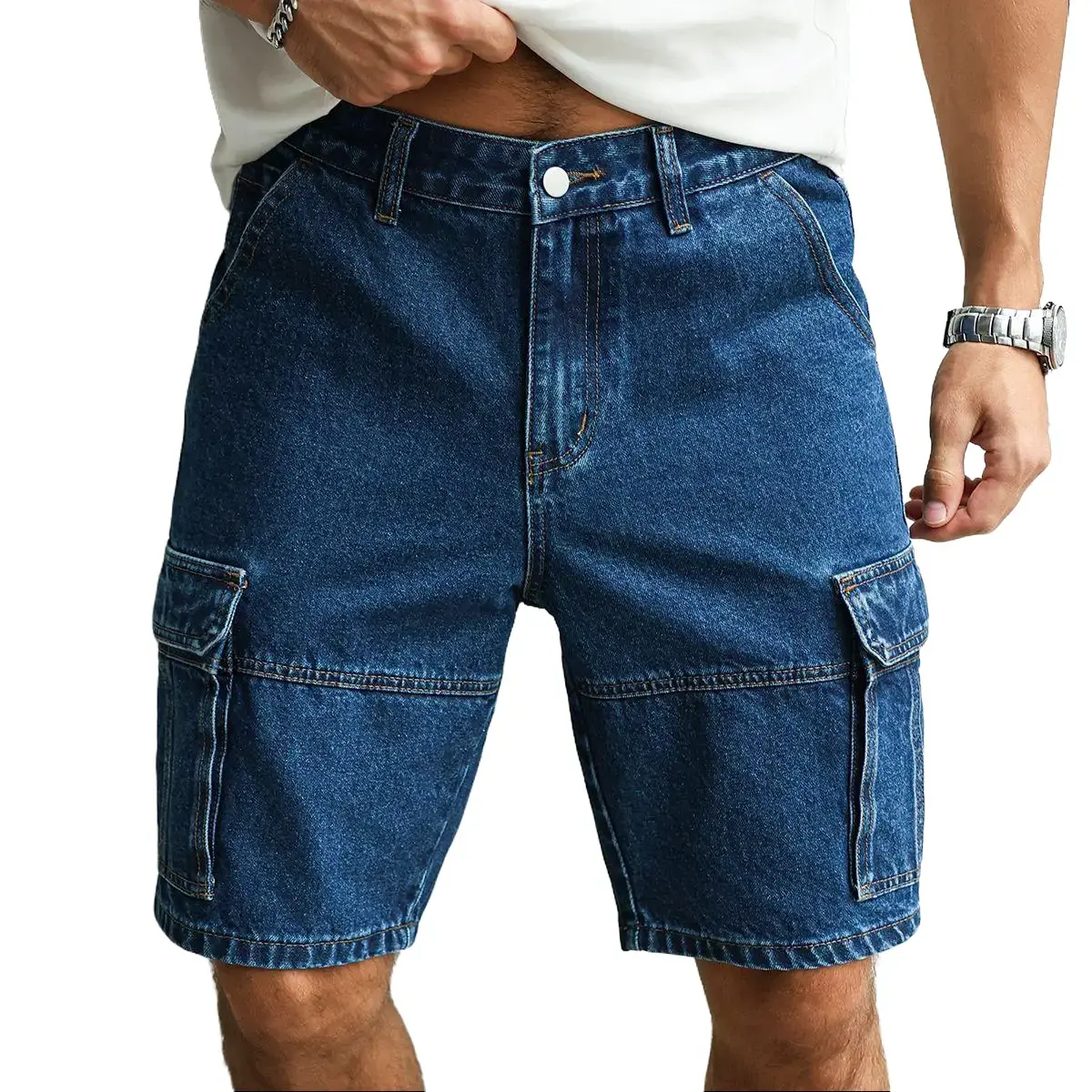 Men's Aesthetic Washed Blue Denim Cotton Polyester Cargo Shorts - Mid-Length, Straight-Cut, Loose Fit, Multiple Pockets, Vintage Jeans Style Casual Bottoms for Matching Casual Tops