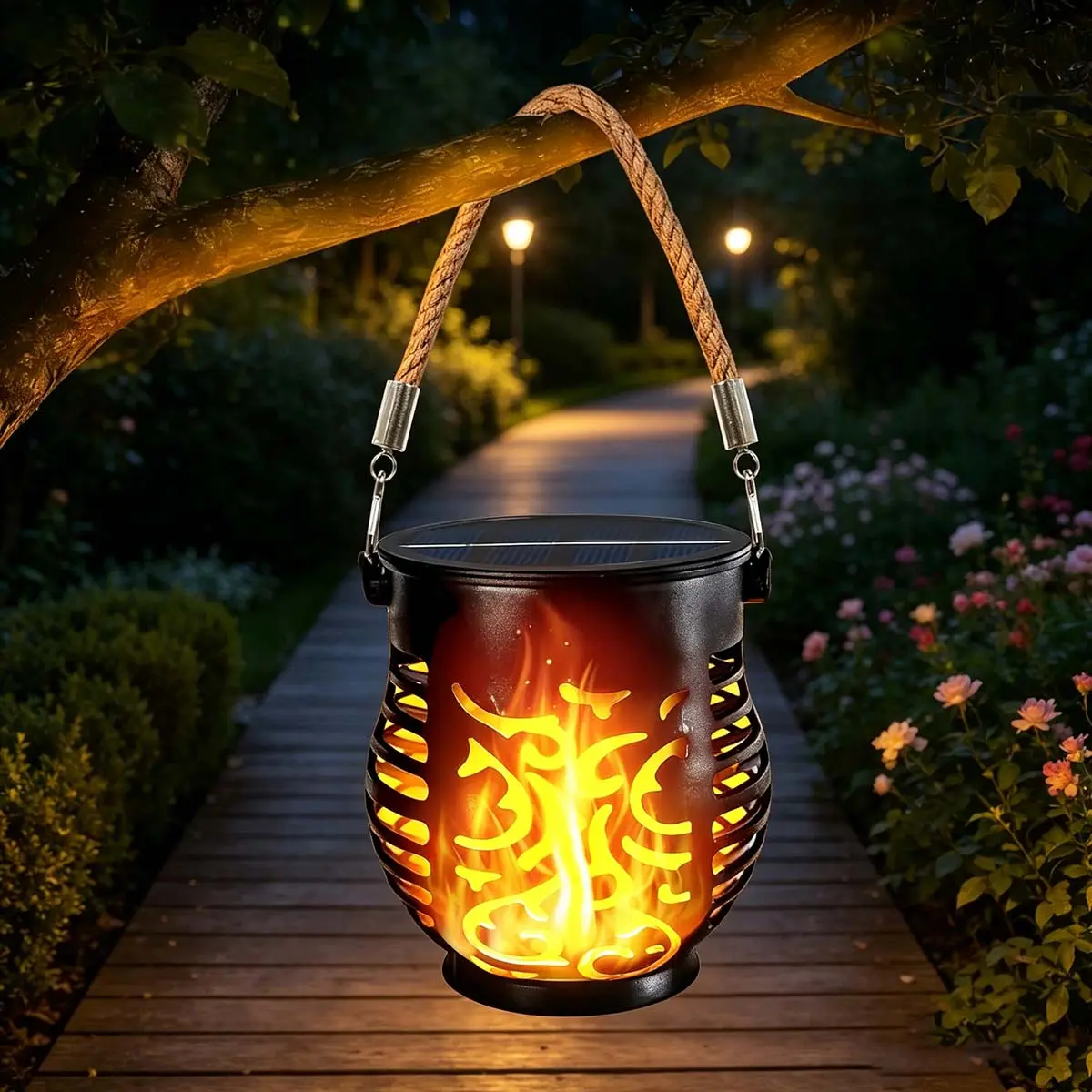Solar Hanging Flame Lantern Outdoor Decorative Lights, Waterproof Metal Flickering Flame Solar Lights with Hemp Rope Handle, Solar Powered Garden Patio Fence Tree Lanterns