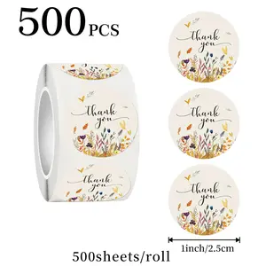 500 Sheets/Roll Floral Pattern Thank You Stickers Self-Adhesive Waterproof PVC Stickers, Suitable for Gift Boxes, Airline Meal Boxes, Takeout Boxes, and Other DIY Decorations