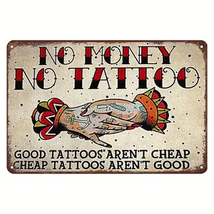 Vintage Inspired Tattoo Shop Metal Sign Featuring Humorous No Money No Tattoos Slogan with Colorful Hand Design Durable Iron Wall Art Ideal for Unique Eye Catching Home Decor Bedroom Accent and Tattoo Shop Decor