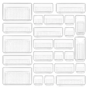 25 PCS Clear Plastic Drawer Organizers Set, 4-Size Versatile Bathroom and Vanity Drawer Organizer Trays, Storage Bins for Makeup Boxes