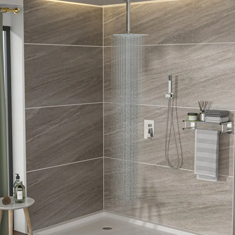 Dual Shower Head - 16 Inch Ceiling Mount Square Shower System with Rough-in Valve, Brushed Nickel On-Site   (High end and high-quality)