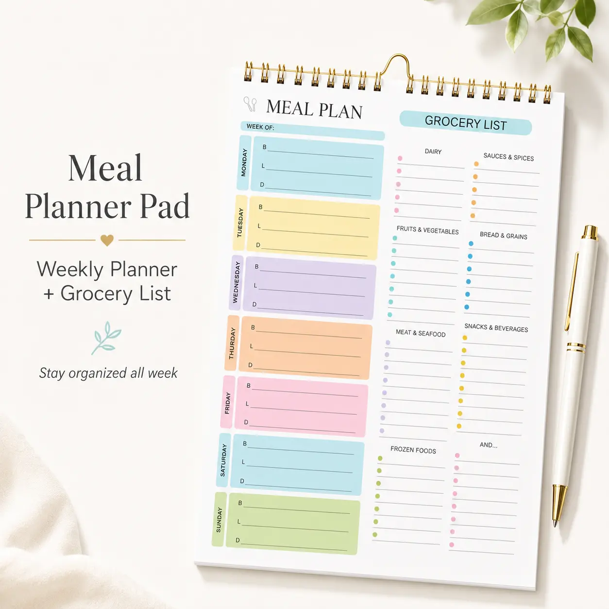 Magnetic Weekly Meal Planner Pad - Rectangular 6x8.5in Spiral Bound Thick Paper Notepad with Meal+Grocery List, Weeks Planner, Large Space for Daily Meal Planning, Fridge Calendar, 50 Sheets Kitchen Home Organizer
