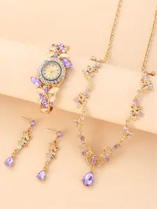 4PCS Trendy Diamond-Embedded Multi-Colored Crystal Women's Bracelet Watch Petal-Designed Quartz Jewelry Set
