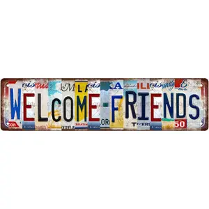WELCOME FRIENDS Sentences Vintage Metal Tin Street Sign Bar Cafe Garage Cave Home Room Wall Bathroom Farmhouse Garden Porch Patio Decor, 16 x 4 Inch T00134