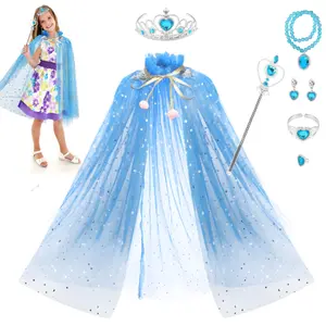 Princess Cape Set 7 Pieces Girls Princess Cloak with Tiara Crown, Wand for Little Girls Dress up (Blue)