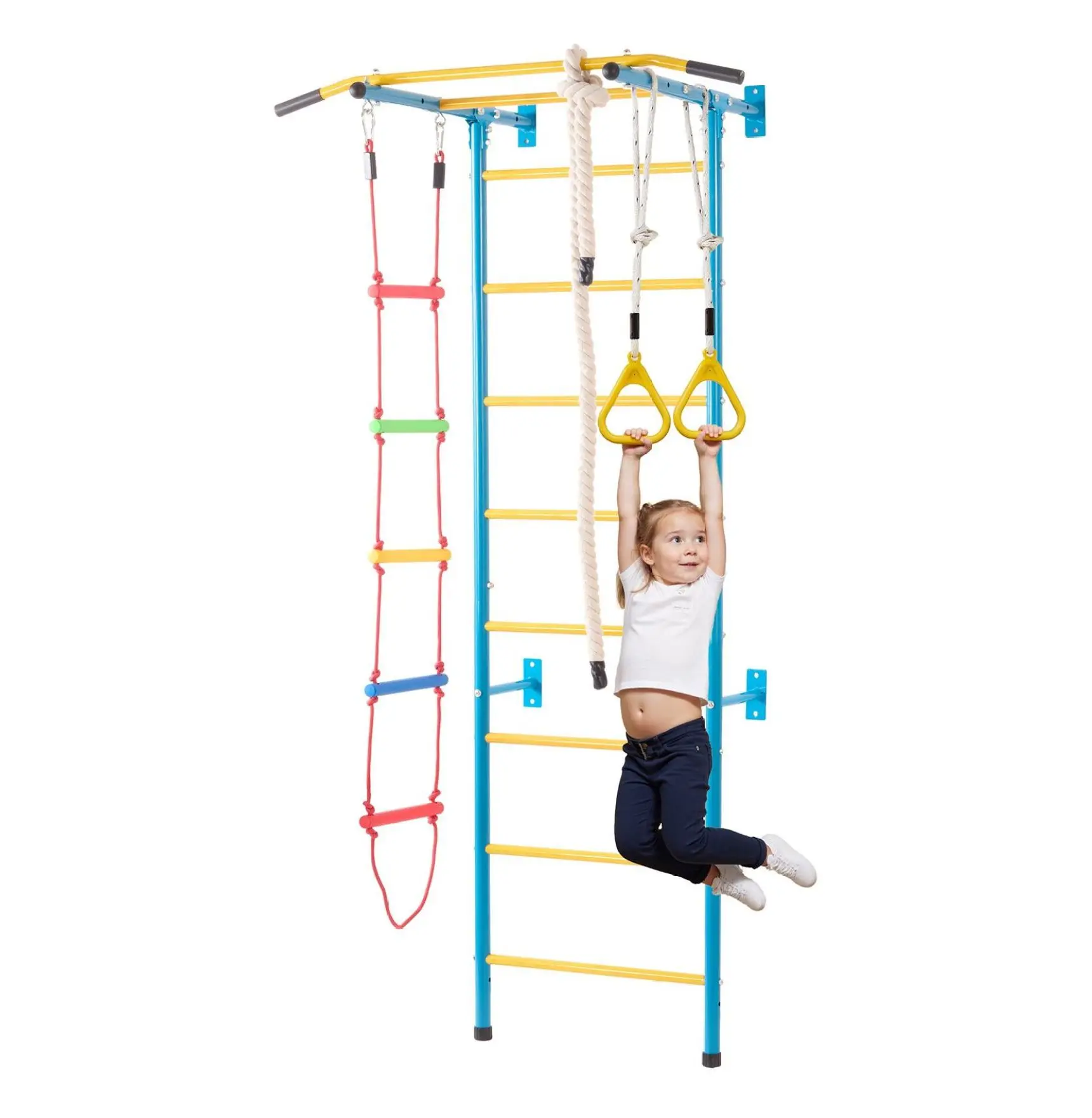 Indoor Jungle Gym for Toddlers, 5-in-1 Climbing Playset - Swedish Ladder, Rope, Rings, Wall Gym, Supports 220lbs, Multicolor 9-layer grip rod 5-in-1 package