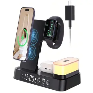 30W Ultra-Fast Foldable Wireless Charging Station - 4-In-1 Digital Alarm Clock With Night Light, Time Display, And RGB Ambiance For IPhone 15/15 Pro/15 Pro Max/14/14 Pro/13/13 Pro/12/12/Pro/11/XR/XS/X/8/7/6, Apple Watch, And AirPods, Includes 18W Adapter
