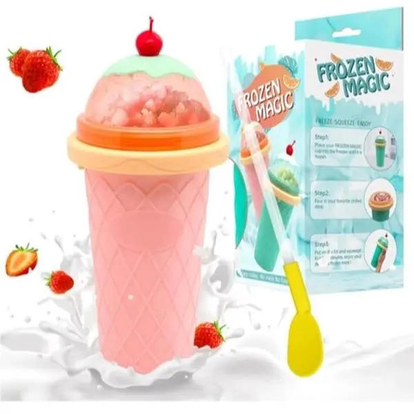 Slushy Maker Cup, Reusable DIY Frozen Squeeze Cup with Lid & Straw for Juice, Milk, Smoothie (Pink)