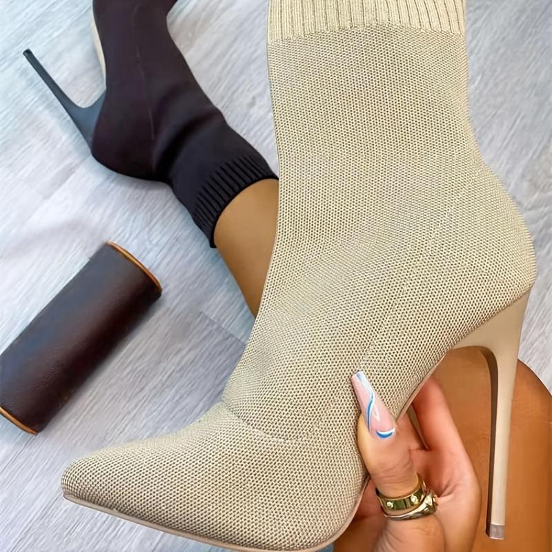 Casual Mid-Calf 1pr Sock Boots - Solid Color Slip-On Pointed Toe Stiletto Heels with Knitted Fabric Upper, Inner & Sole, Flannel Insole - All-Season Stretchy Knit Ankle Booties Open Toe Thick Soled Knitted Sandals Women's Comfortable Footbed Sandals