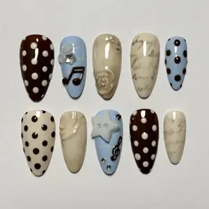 Handmade Vintage Music Press On Nails | Polka Dots, Notes, Script & Star Accents | Almond Nails For Retro Vibes