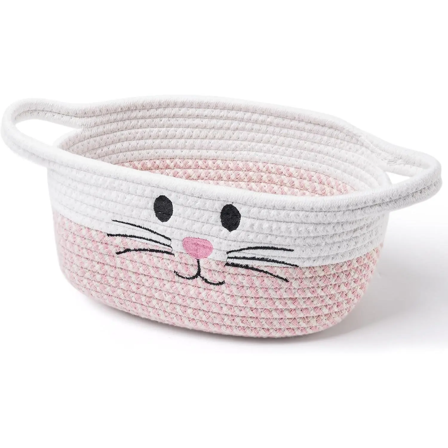 Pink Small Woven Cotton Storage Basket with Handle, Home Organizer for Nursery Gifts & Pet Toy Storage, Shelf Basket for Home Supplies