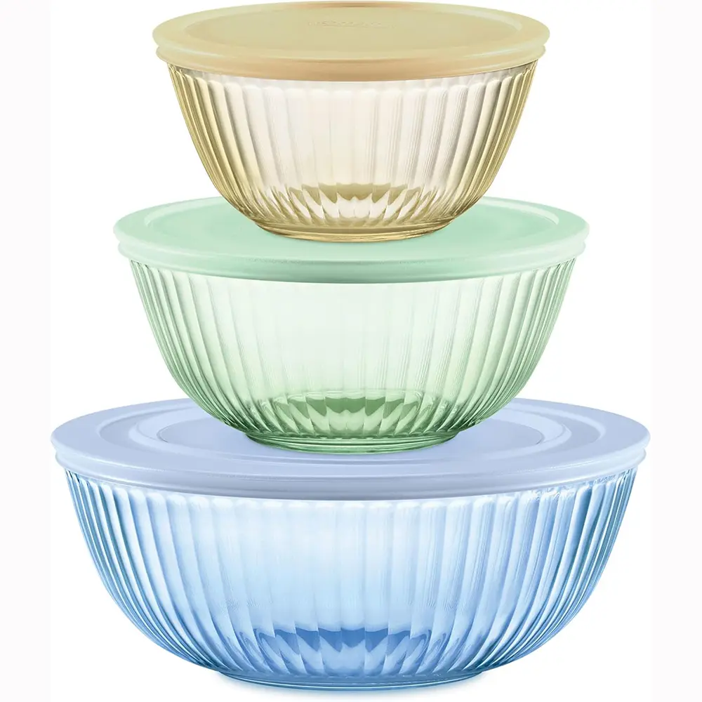 Pyrex Colors (3-Pack) Sculpted Tinted Glass Mixing Bowls with Plastic Lids