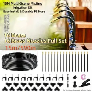 360° Adjustable Drip Irrigation System, 590ft 15m Garden Watering Kit, 16 Brass Nozzles, Automatic Plant Waterer for Yard Lawn Greenhouse