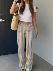 New Rainbow Striped Women's Pants Y2K Summer Jeans Woman Trousers Streetwear Casual Baggy Low Waist Long Pants Chic Trendy Colorful Wide Leg Pants
