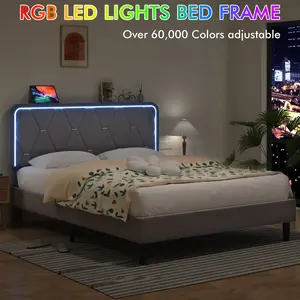 VECELO Queen Bed Frame with LED Lights, Remote Controllable RGB Lights, Upholstered Bed Frame with Charging Station and USB Ports, No Box Spring Required, Gray Beige