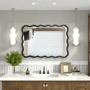 40"x28" Solid Wood Wavy Rectangle Wall Mirror, Black Frame, Modern Farmhouse Decorative Mirror for Bathroom, Bedroom, Living Room, Dining Room, Entryway