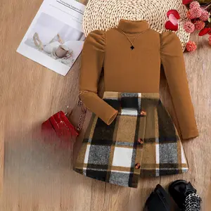 Children's Solid Color High Collar Pit Strip Long Sleeve Top Irregular Checkered Short Skirt Set