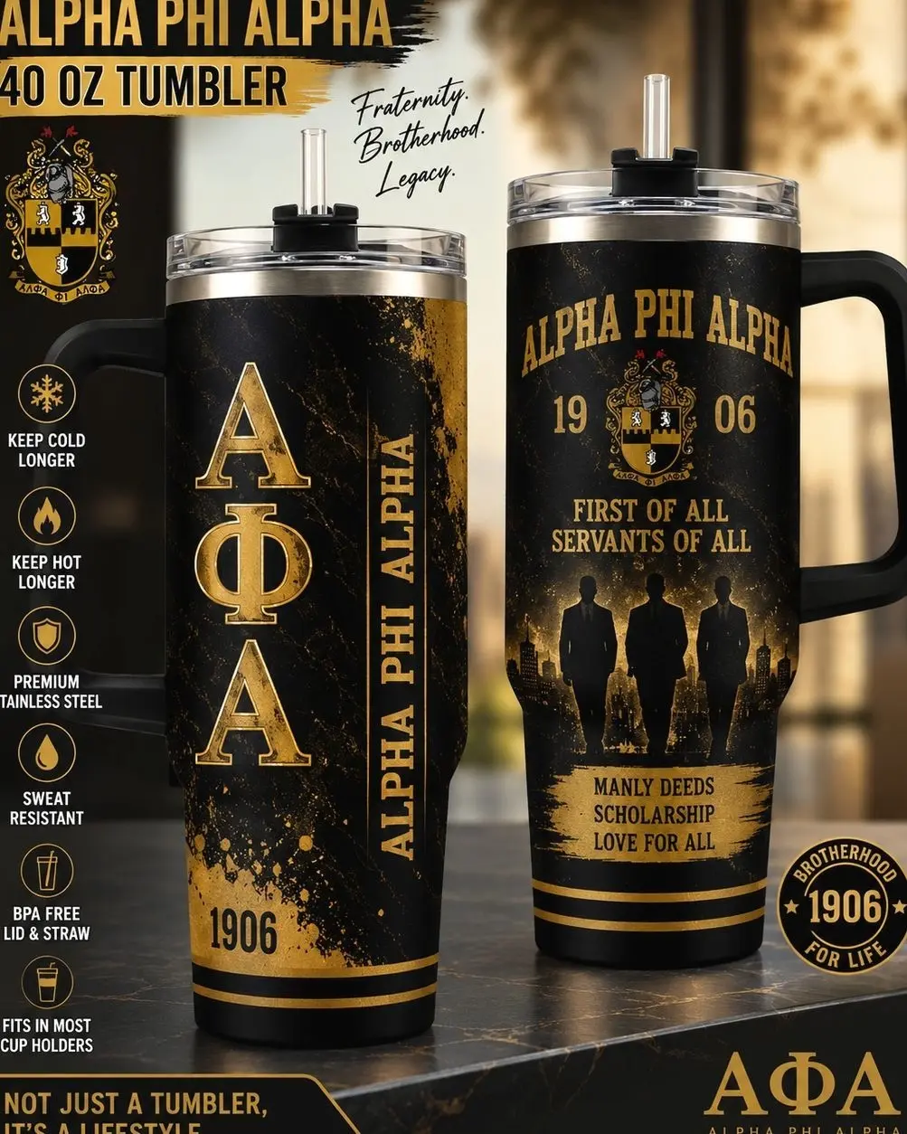Alpha Phi Alpha 1906 40 Oz Tumbler with Handle, Brotherhood Legacy Stainless Steel Travel Mug, Insulated Cup with Straw Lid