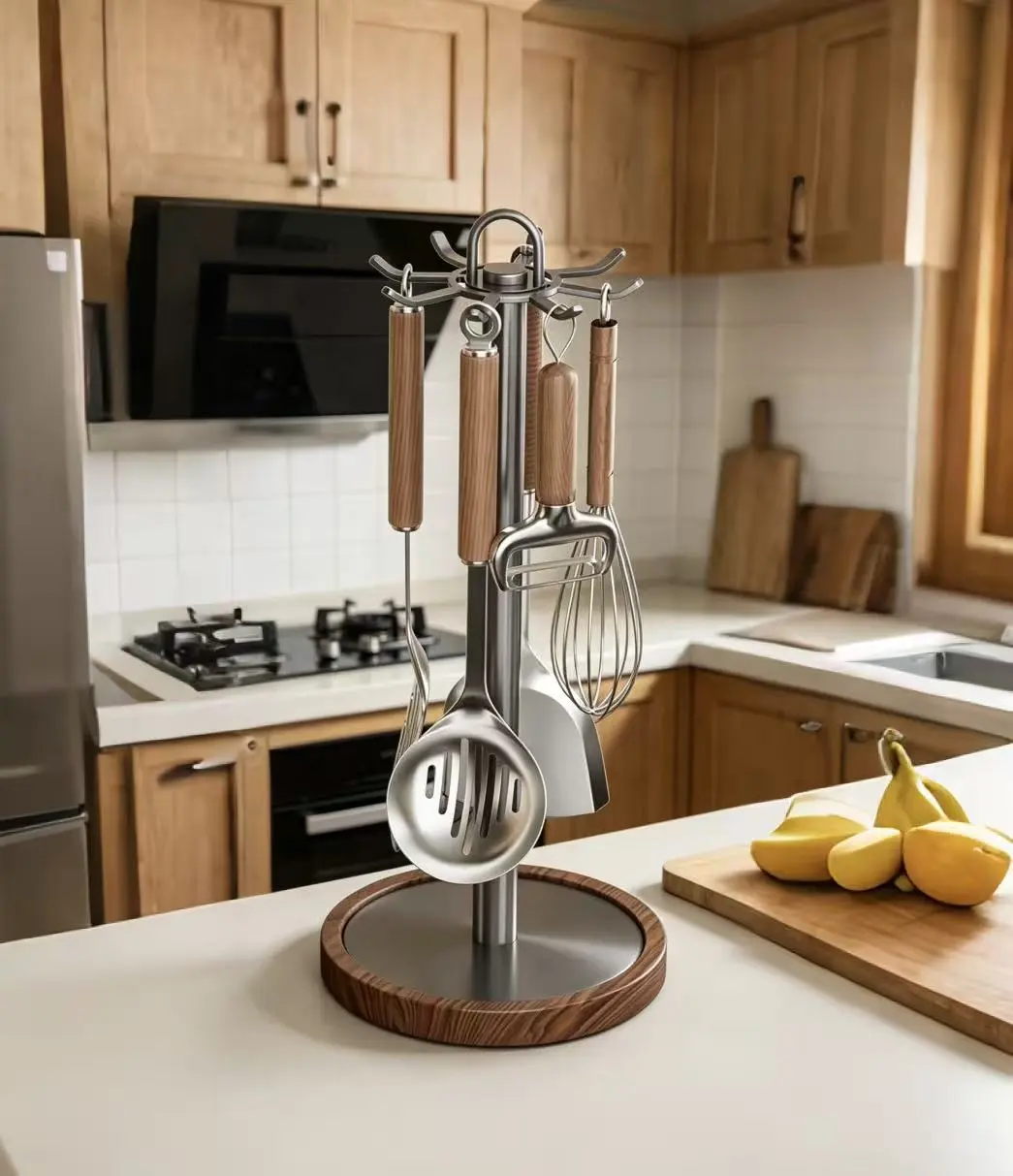 Wooden Base Kitchen Utensil Rack - 360° Rotating Utensil Holder with Hooks, Rustproof Steel Countertop Organizer for Cooking Gadgets, Spoons & Whisks