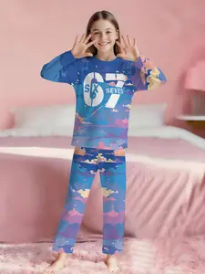 Blue-purple camouflage digital 67 street vitality 2-piece girls' digital printed long-sleeve pajamas with extended pants, made of flame-retardant fabric. This stylish, trendy, casual, comfortable and soft pajama set is suitable for sleeping and home