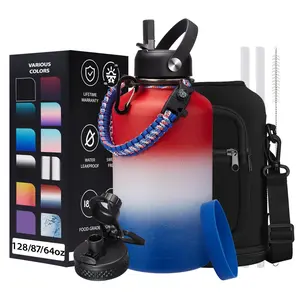 32oz 40oz 64oz 128oz Insulated Water Bottle with Straw, Paracord Handle & Carrier Bag, Wide Mouth Vacuum Insulated Hydro Bottle, Half Gallon Stainless Steel Flask Bottle for Sports Office School, Cold 48Hrs & Hot 24Hrs