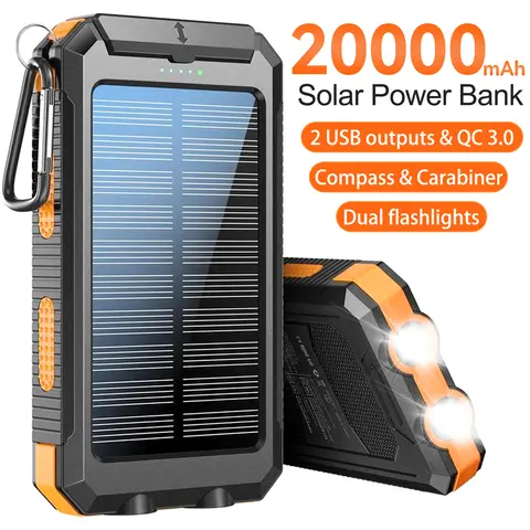 20000/30000mAh Shockproof Solar Power Bank - Portable Solar Charger for Mobile Devices, Dual Outputs, Fast Charging, LED Lights, Compass, Carabiner Clip, Micro USB, USB Type-C, Father's Day Gift for Outdoor Fun Use