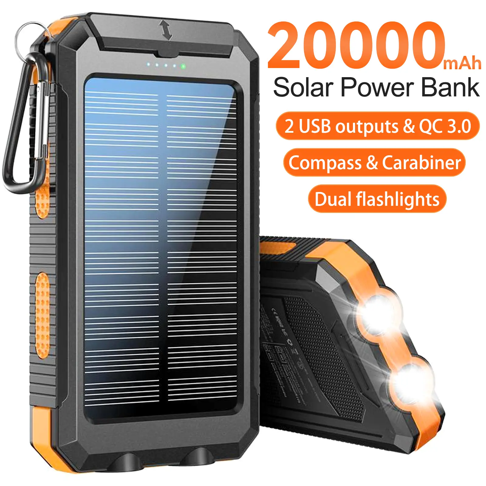 20000mAh Solar Power Bank,Portable Solar Charger with Dual USB-A Outputs, LED Flashlight, Fast Charging for iPhone/Android/Samsung, Portable Charger w