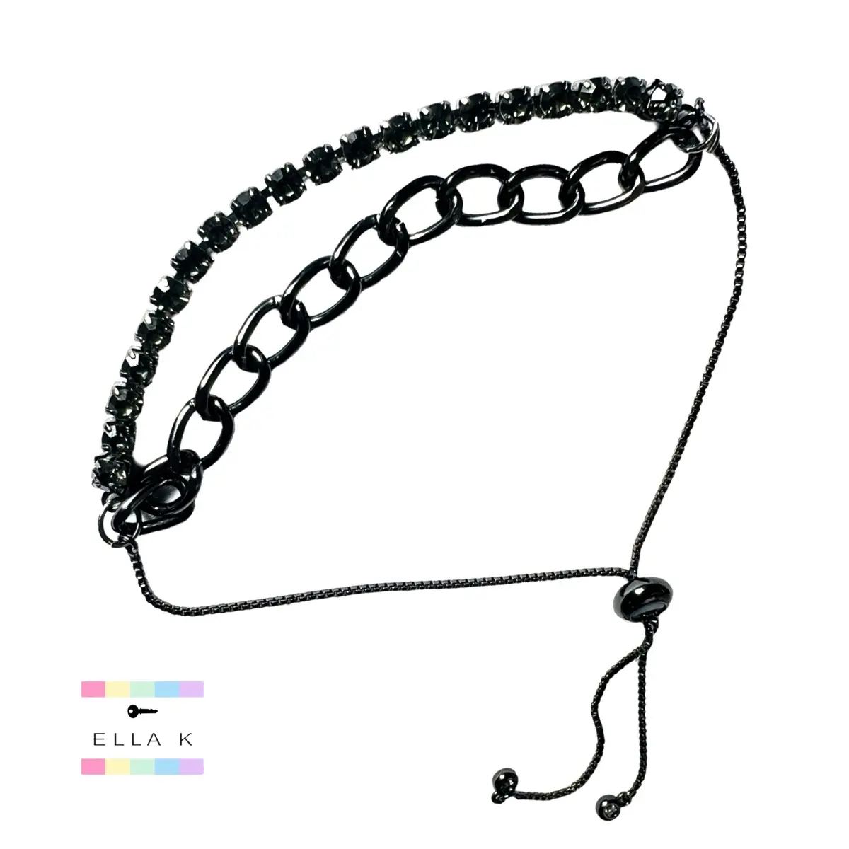 Black Chunky Chain Rhinestone Adjustable Slider Bracelet / Adjustable Bracelet / Double Chain Slider Bracelet / Rhinstone Chunky Chain Double Strand Slider Bracelet