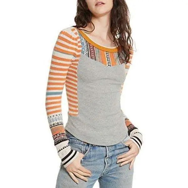 Free People Sweet Gal Thermal Top Gray Combo Size Xtra Small XS NWT