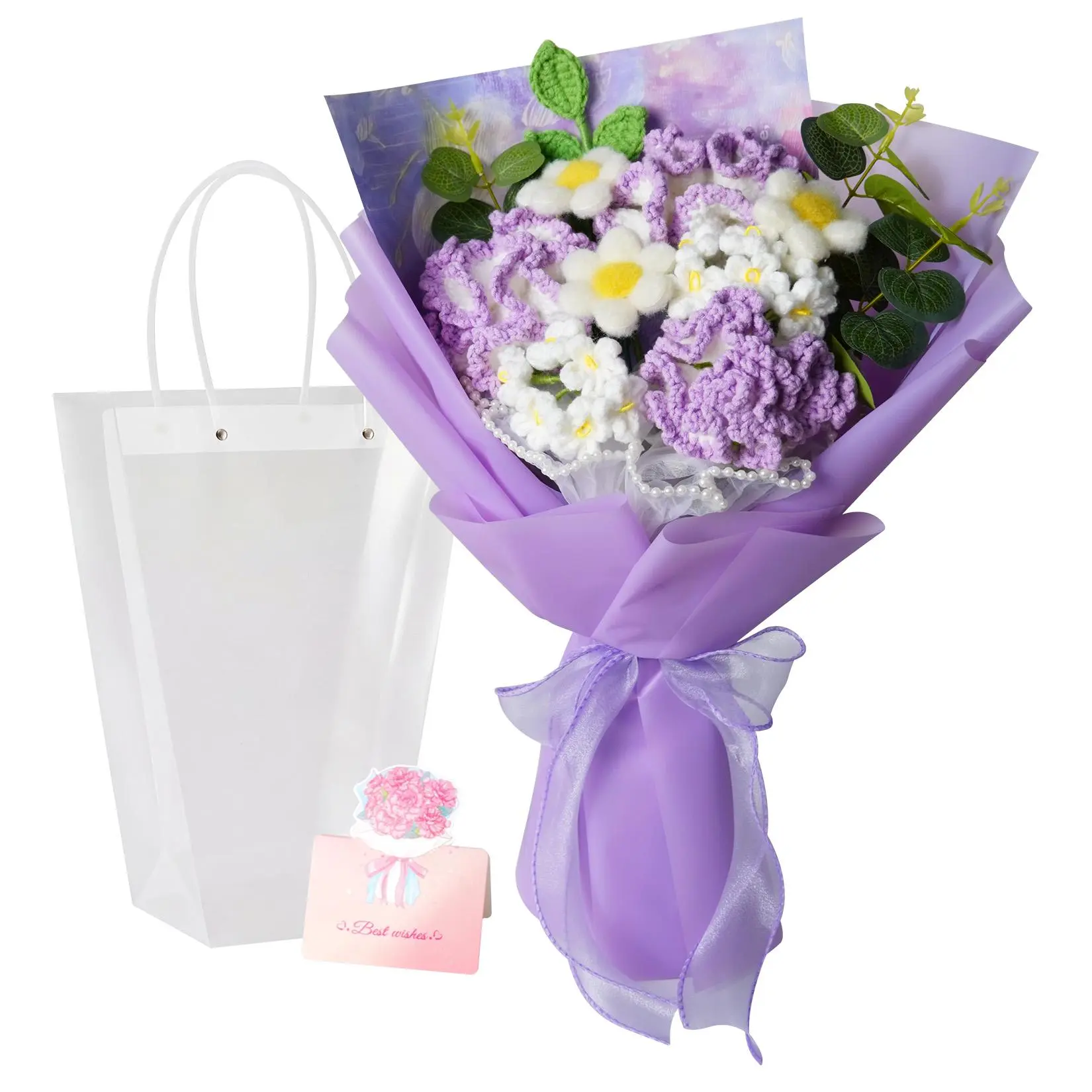 Garvee Handmade Yarn Flower Bouquet, Woven Faux Floral Arrangement for Home Decor - Ready-to-Gift with Gift Bag & Best Wishes Greeting Card - for Birthday, Valentine’s Day, Mother’s Day - Medium Pink/Purple Mix