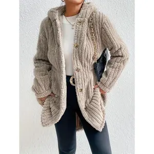 Women's Solid Color Plush Hooded Coat, Casual Long Sleeve Hooded Jacket for Fall & Winter, Women's Clothing for Daily Wear