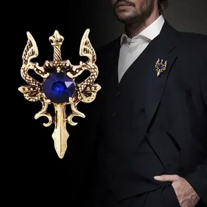 Vintage Metal Dragon Sword Brooch Pin with Rhinestones, Men's Suit Shirt Lapel Badge Corsage, Fashion Men's Accessories