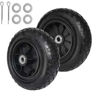 10 Inch 3.00-4 Flat Free Tire and Wheel Assembly with 5/8" Bearings, 2.2" Offset Hub Replacement Solid Wheels for Hand , Utility Carts, Wagons, Hose Reel Carts (2-Pack)