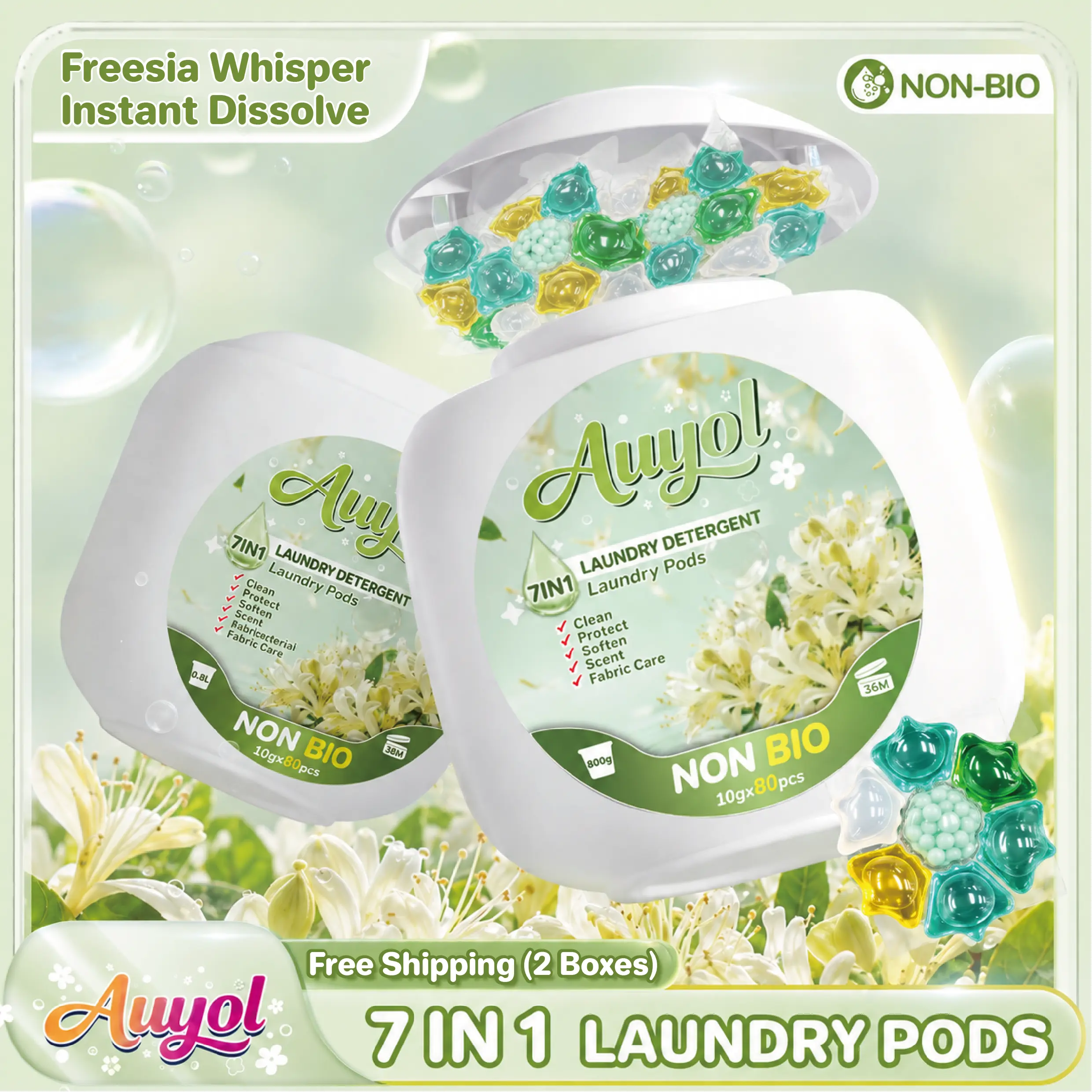 Auyol 4th Gen Laundry Capsules 7 in 1, Peony Whisper Fragrance, Quick-Dissolving Formula, Non-Bio, Powerful Clean & All-Day Freshness