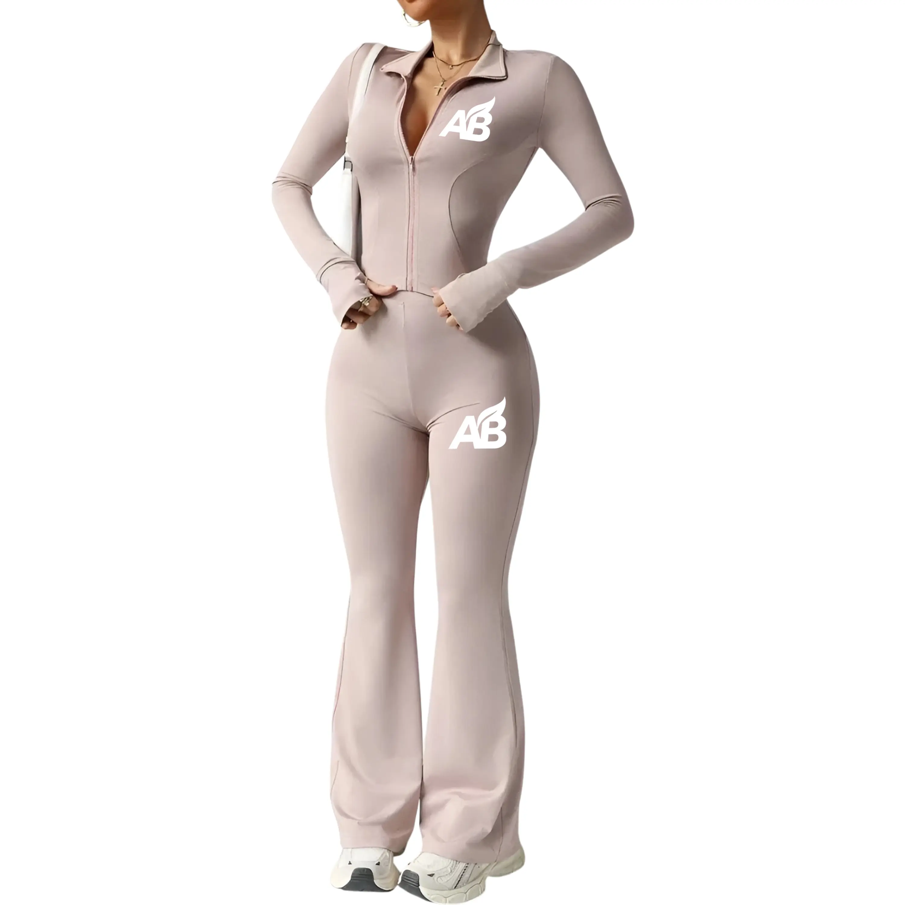 Women's 2-Piece Premium Fabric Sports Tracksuit Set - Female Long-Sleeve Collared Zip-Up Top, High-Waist Loose Flared Pants, Wrinkle-Free Breathable All-Seasons Machine-Washable Casual Loungewear (Pink, Small)