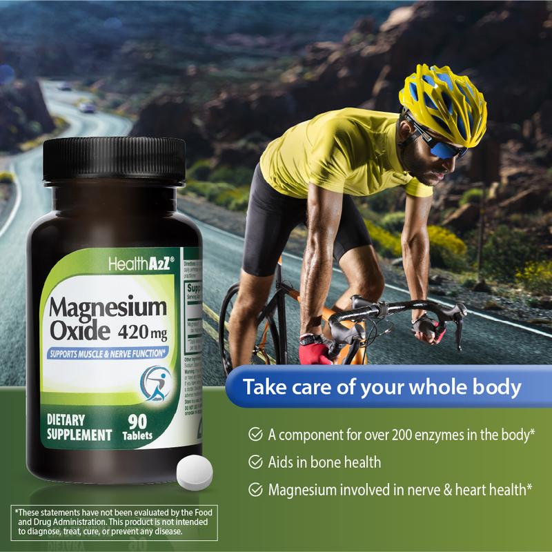 HealthA2Z Magnesium Oxide 420 mg - 90 Tablets (Pack of 1) - Supports Muscle & Nerve Health, Restful Sleep, Stress, Natural Beauty & Energy - High Absorption