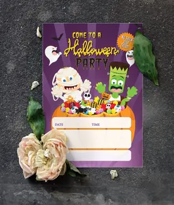 Stonehouse Collection Halloween Fill-in-the-Blank Party Invitations – 25 Pack with Envelopes | Double-Sided Cards Featuring Cute Mummy & Frankenstein with Candy