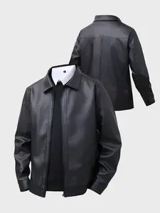 Men's Spring & Fall Loose Fit Thin Long Sleeve Leather Jacket, Solid Color Fashion Business Ready Business Coat, Casual Daily Wear, Commuter, Casual Outerwear
