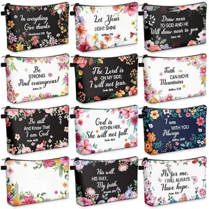 12 Pcs Inspirational Christian Gifts Religious Makeup Bags Bulk for Women Bible Verse Flower Cosmetic Bag Thanksgiving Christmas Gift for Church Ladies,