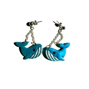 Whale Polymer Clay Earrings Handmade with Chain Accents and Silver Tone Studs for Unique Jewelry