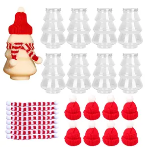 Christmas Tree Shaped Clear Candy Jar, Gift Jar, 8 Counts/set Cookie Storage Jar with Red and White Scarf Hat, Party Drink Bottle for Home Kitchen Party