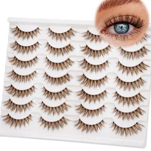 Brown Lashes 14mm Natural Light Brown False Eyelashes Clear Band 14 Pairs Faux 3D Mink False Eyelashes Natural Looking Fluffy Cat Eye Wispy Strip Lashes Pack by  (ZH01-BROWN)