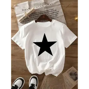 [100% Cotton] Women's Star Print Round Neck Tee, Casual Short Sleeve Crew Neck T-Shirt for Daily Wear, Ladies Clothes for All Seasons  Golf Gift T-Shirt For Men and Women